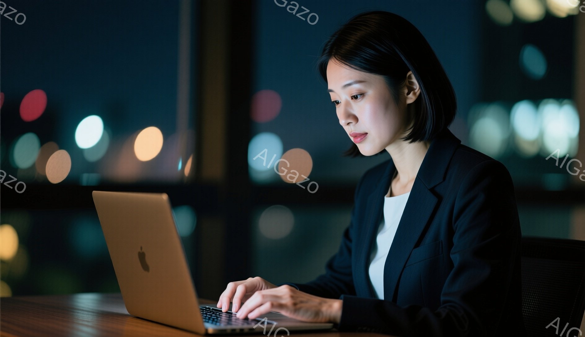 女性は、夜景を背景に、オフィスかカフェのような場所でノートパソコンを操作している。黒いジャケットと白いインナーを着ており、短めの黒髪は後ろでまとめてある。真剣な表情でキーボードを見つめ、集中して作業に取り組んでいる様子が伺える。