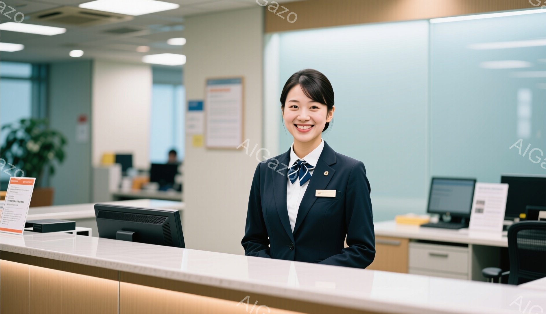 制服を着た若い女性が、受付カウンターの前で微笑んでいます。彼女は黒いジャケットに白いシャツ、そしてネクタイを着用しており、髪は後ろでまとめています。背景には、他の受付カウンターや、植物、そしてオフィスのような空間が見えます。