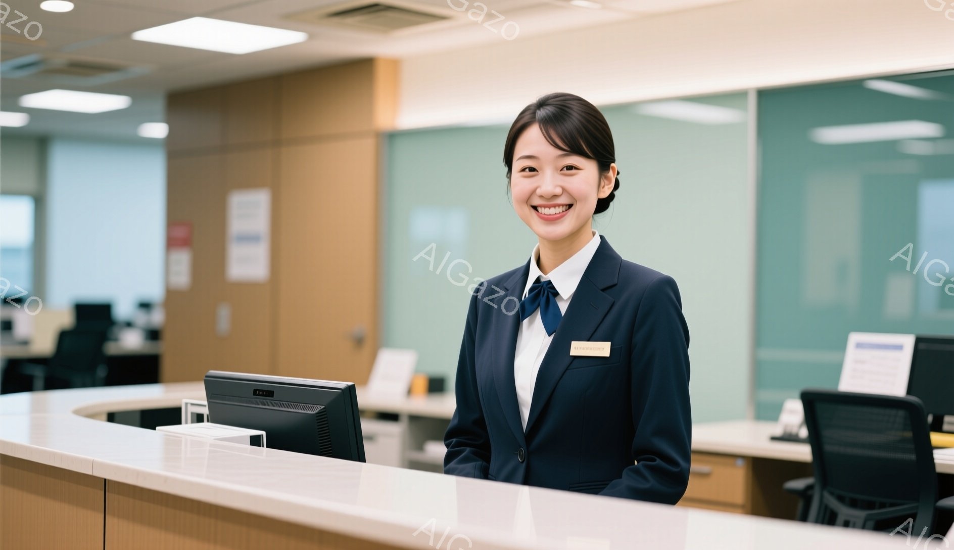 画像には、受付カウンターの前に立つ若い女性が写っています。彼女は紺色のジャケットと白いブラウスを着ており、黒いリボンがアクセントになっています。笑顔でカメラを見つめ、丁寧な印象を与えます。
