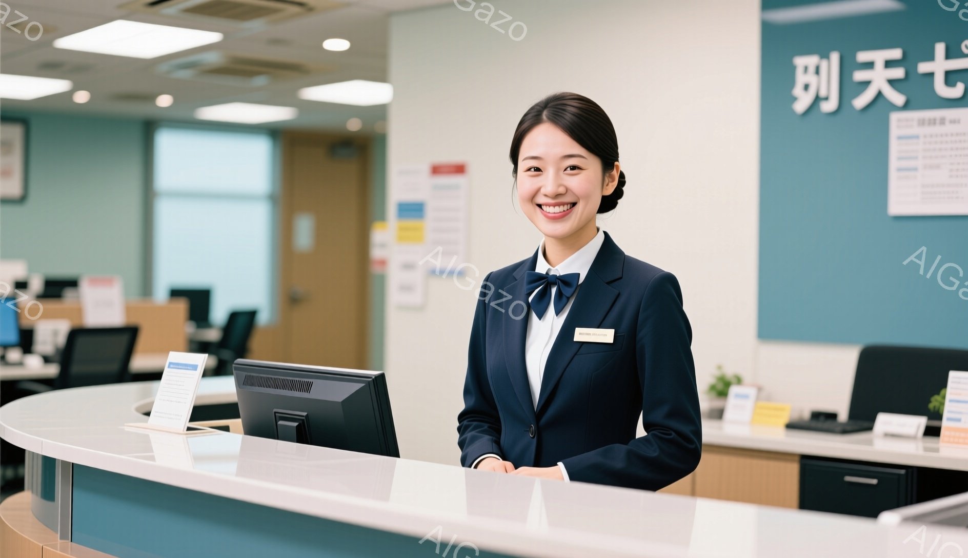 制服を着た若い女性が受付カウンターに立っている。彼女は紺色のジャケットとスカートを着用し、白いブラウスとネクタイをしている。明るい笑顔でカメラを見つめており、親切で丁寧な印象を与える。