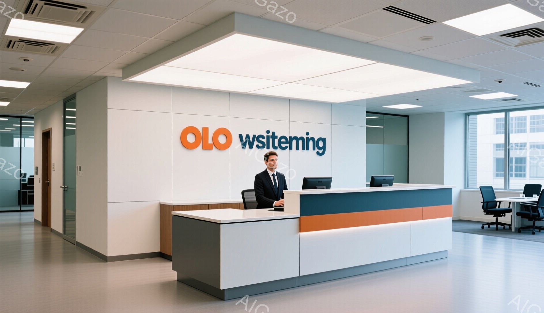 明るいオフィス受付の様子で、紺色のスーツにネクタイを締めた男性が座っています。彼は正面のパソコンを見つめており、姿勢はきちんとしていて落ち着いた表情をしています。背景には、ガラス張りのオフィス空間と高い建物が見え、全体的に清潔でモダンな雰囲気が漂っています。