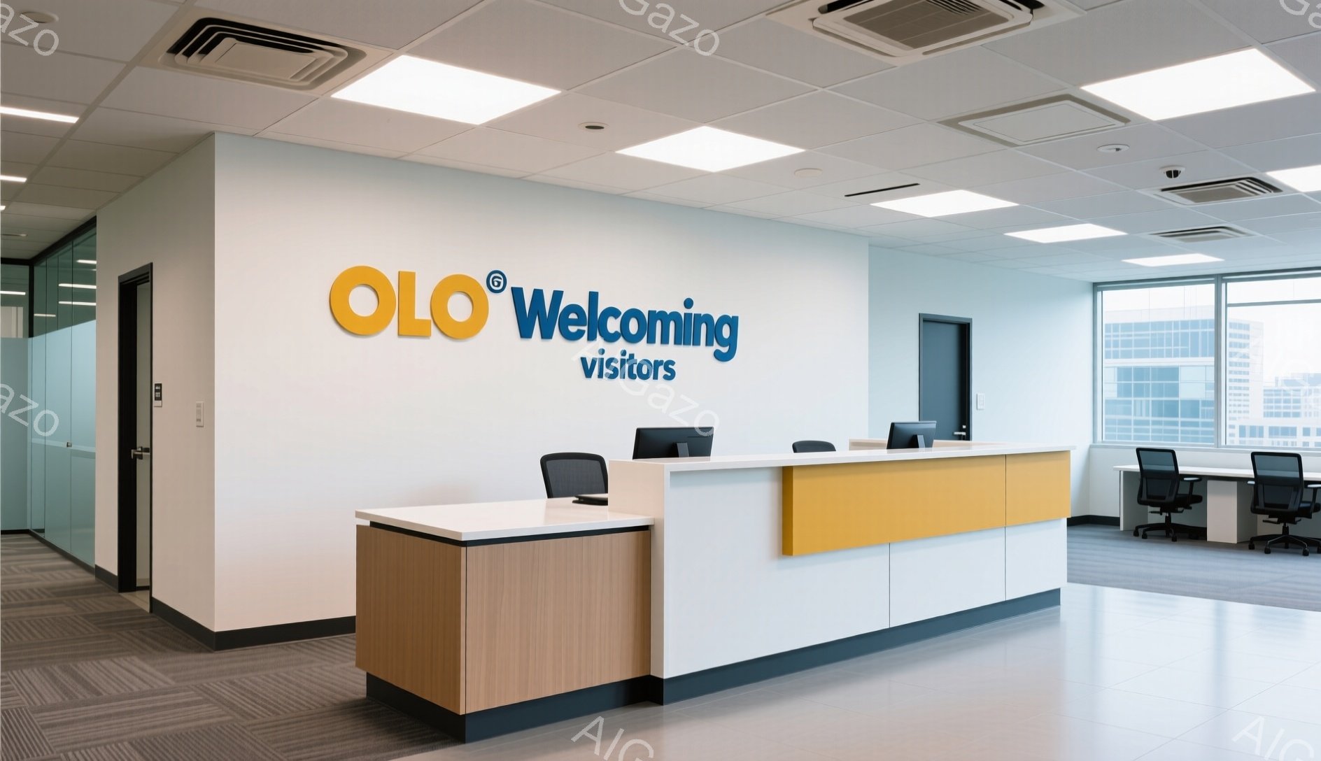 白を基調とした受付カウンターが中央に位置し、明るい木目調と鮮やかな黄色が組み合わされています。「OLO」のロゴが壁に大きく表示され、来客を歓迎する雰囲気を演出しています。窓の外には高層ビル群が広がり、晴れた日のオフィス空間を示しています。
