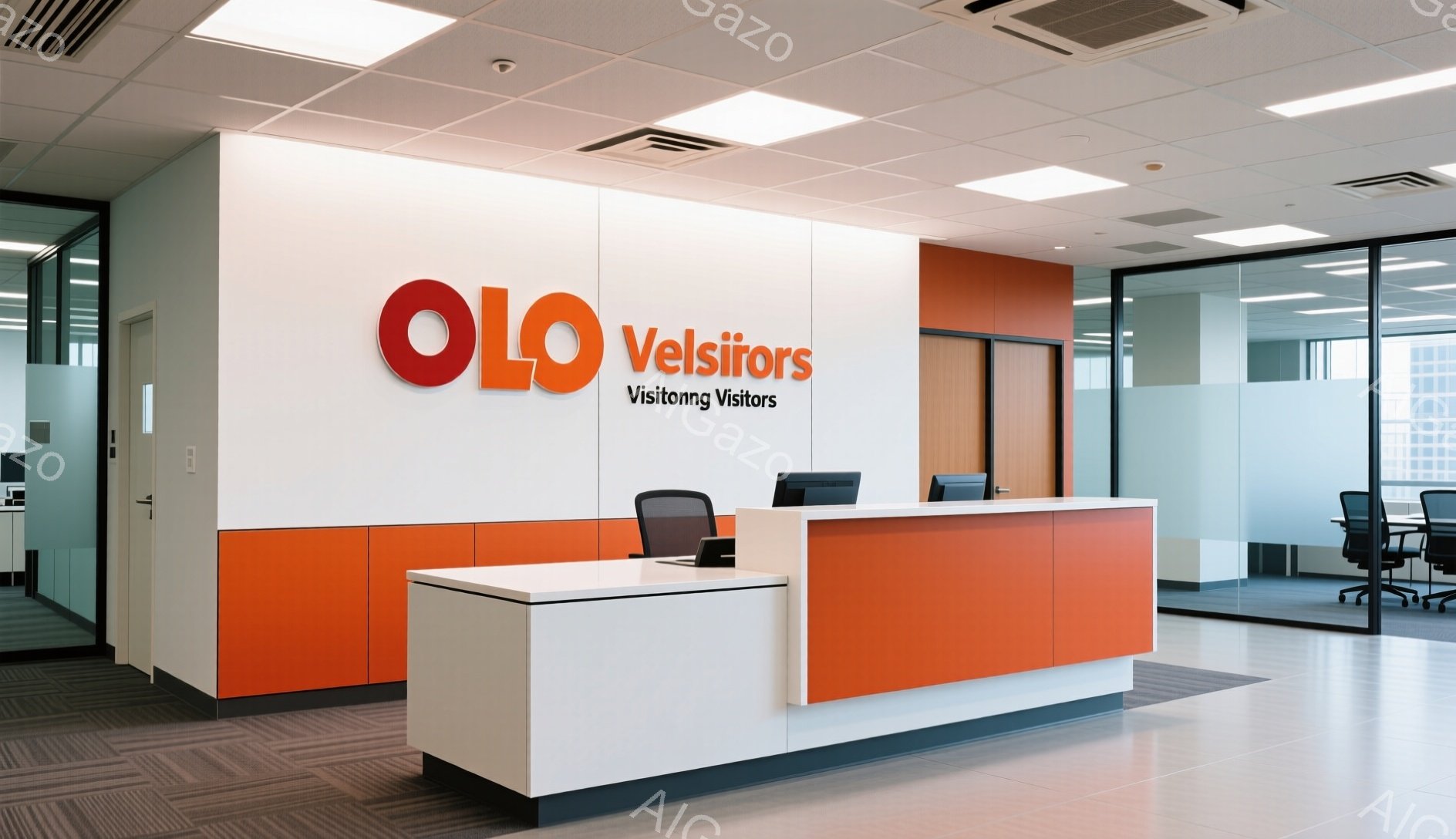 オレンジと白を基調とした受付カウンターが印象的なオフィス内の様子です。カウンターにはコンピューターと電話が置かれ、奥にはガラス張りのオフィス空間が広がっています。明るい照明とシンプルな内装で、清潔感があり、モダンな雰囲気です。