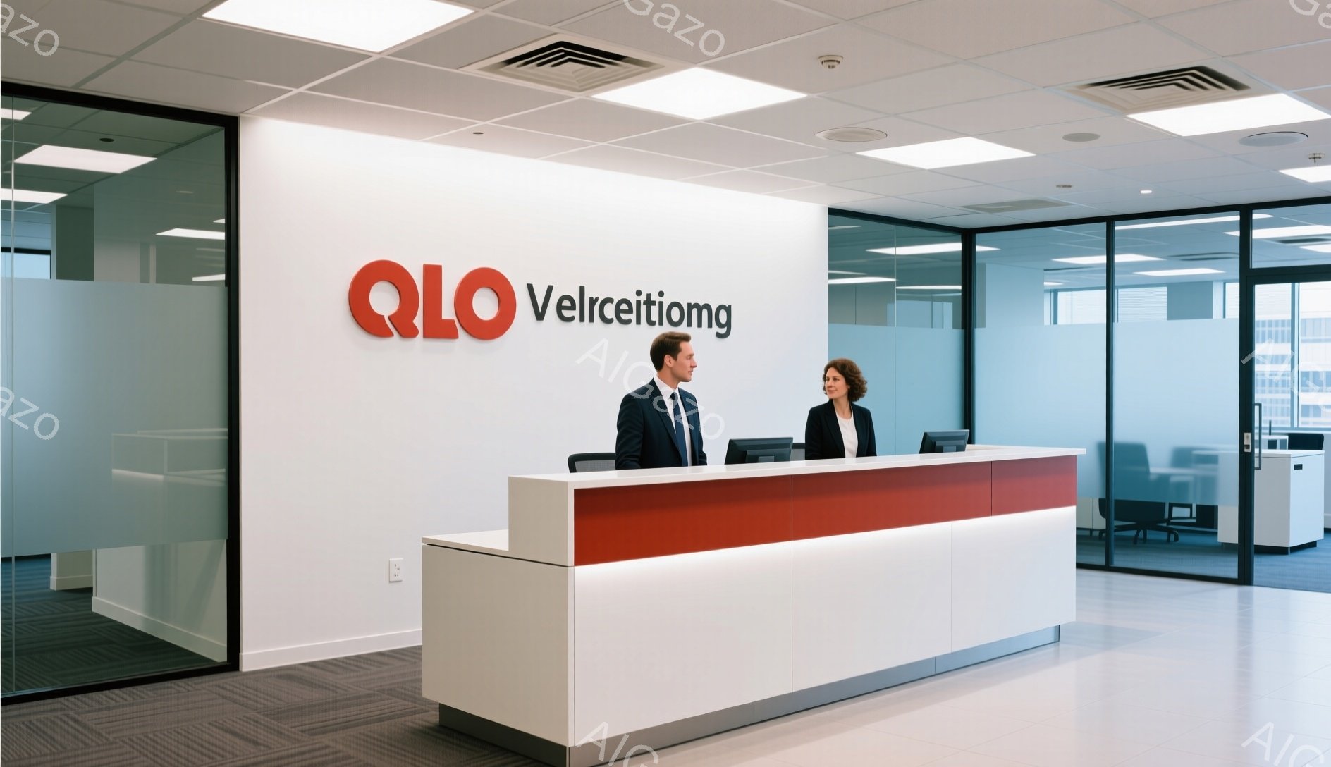 受付カウンターの前に、一人の男性と一人の女性が立っている。男性は濃い青色のスーツと白いシャツにネクタイを締め、整髪された短い髪型をしている。女性は黒いジャケットに白いブラウスを着ており、長い茶色の髪を後ろにまとめている。