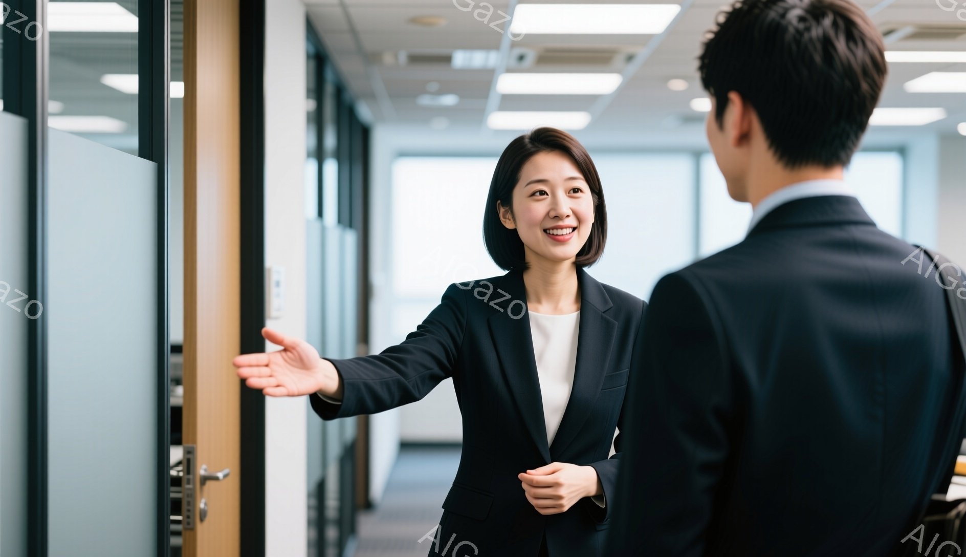 一人の女性がオフィスでドアのそばに立っており、笑顔で手を広げて誰かを招き入れている様子です。彼女は白いブラウスに黒いジャケットを着用し、髪は肩にかかる長さで、明るく親しみやすい表情をしています。背景にはオフィス内の廊下が写っており、白い壁と天井が清潔感を醸し出しています。