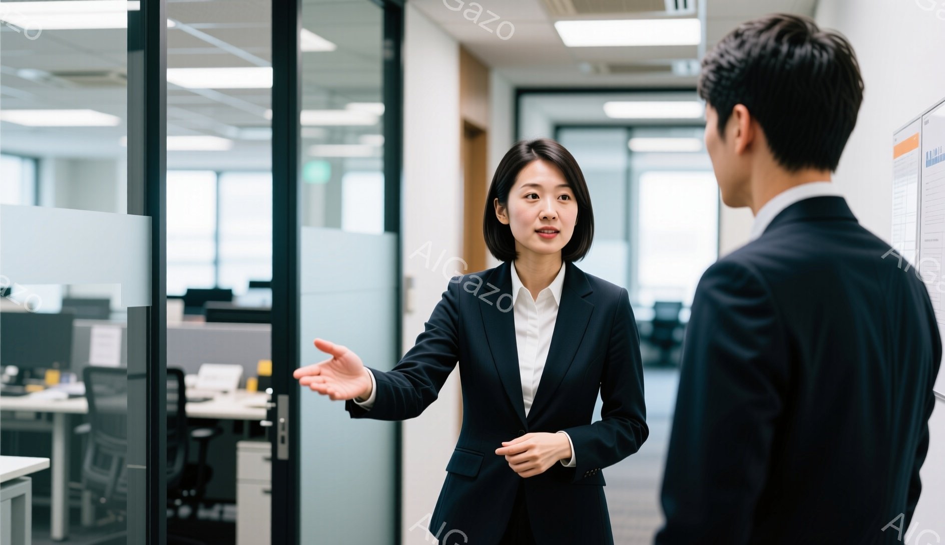 女性は白いブラウスに黒いジャケットとズボンを着用し、片手を広げて何かを説明しているようです。彼女は落ち着いた表情で、整ったヘアスタイルをしています。背景はオフィスで、デスクやパソコンが並び、明るい光が差し込んでいます。