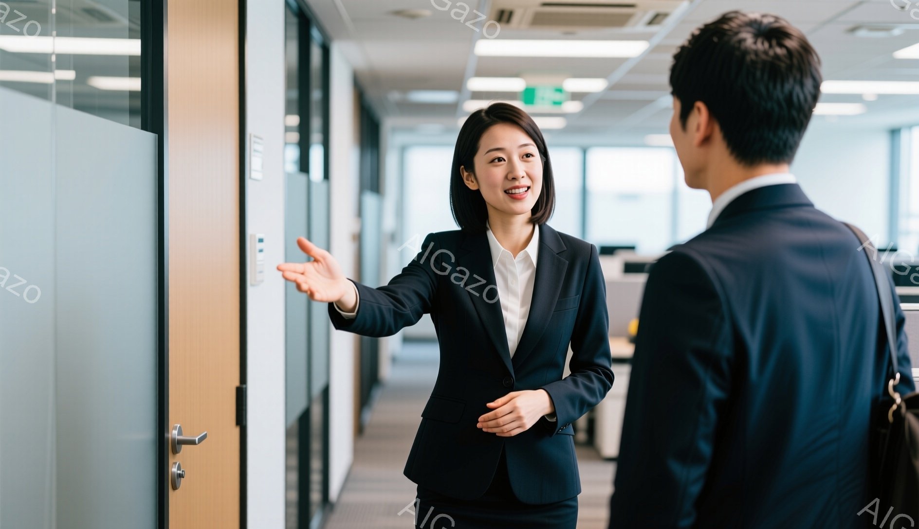 黒いスーツに白いシャツを着た女性が、廊下で片手を前に出し、誰かに何かを説明している様子です。彼女は微笑んでおり、明るい表情をしています。背景はオフィスで、木製のドアと受付のような場所が見え、全体的に清潔でプロフェッショナルな雰囲気です。