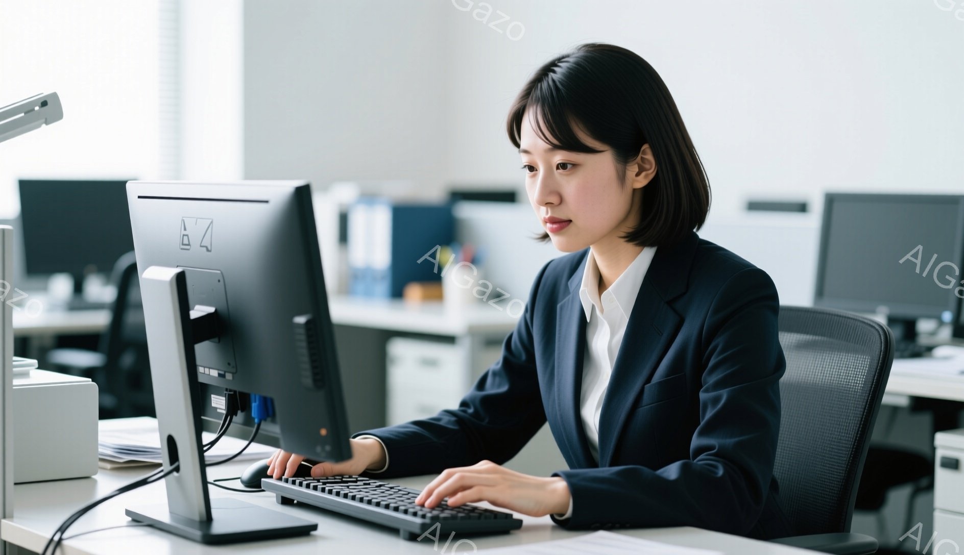 黒髪のショートヘアの女性が、オフィスでパソコンに向かって作業をしている。紺色のスーツに白いシャツを着ており、真剣な表情でキーボードを叩いている。背景には他のオフィスワーカーやオフィス家具が見え、全体的に落ち着いた雰囲気である。
