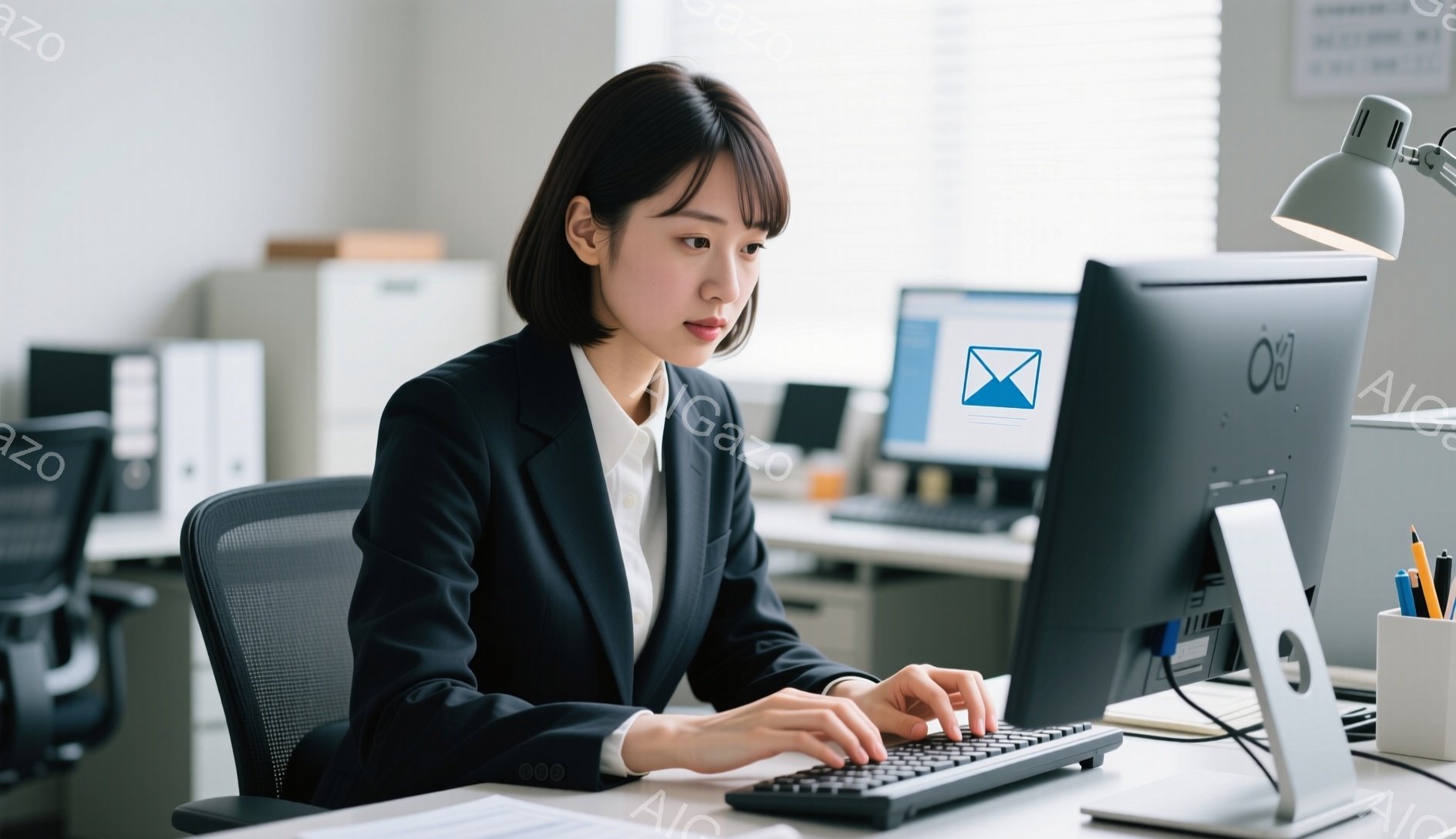 黒いジャケットと白いシャツを着た若い女性が、オフィスでコンピューターに向かってタイピングしている。彼女は前髪を少し長く残したショートヘアで、真剣な表情でキーボードを見つめている。背景にはオフィス家具や書類が見え、全体的に落ち着いた雰囲気である。