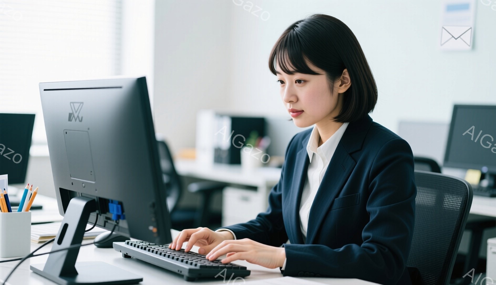 黒髪のショートヘアの女性が、白いシャツに濃い紺色のジャケットを着用し、オフィスでパソコンに向かっている。彼女は真剣な表情でキーボードを操作し、背筋を伸ばして座っている。背景にはオフィス内のデスクや棚が見え、明るく清潔感のある雰囲気が漂っている。