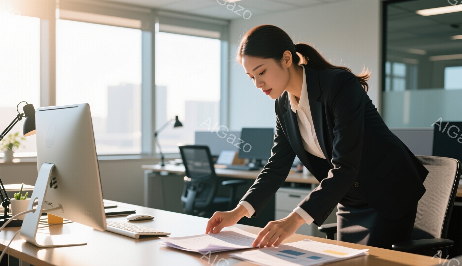 スーツを着た女性がオフィスで書類を手に取り、確認している様子が写っている。彼女は黒いジャケットに白いシャツを合わせ、髪は後ろで一つにまとめている。明るい自然光が差し込むオフィス内は、モダンな家具と窓から見える都市の風景が印象的で、落ち着いた雰囲気である。