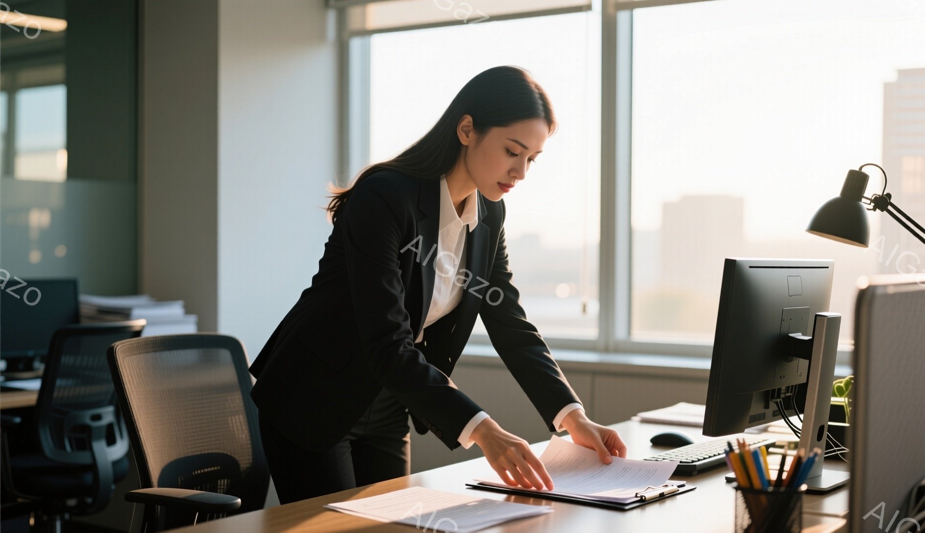スーツを着た女性がオフィスで書類を見ている。彼女は黒いジャケット、白いシャツ、黒いパンツを身につけ、髪は後ろでまとめている。明るい窓から差し込む光がオフィスを照らし、ビジネスライクでありながらも穏やかな雰囲気を醸し出している。