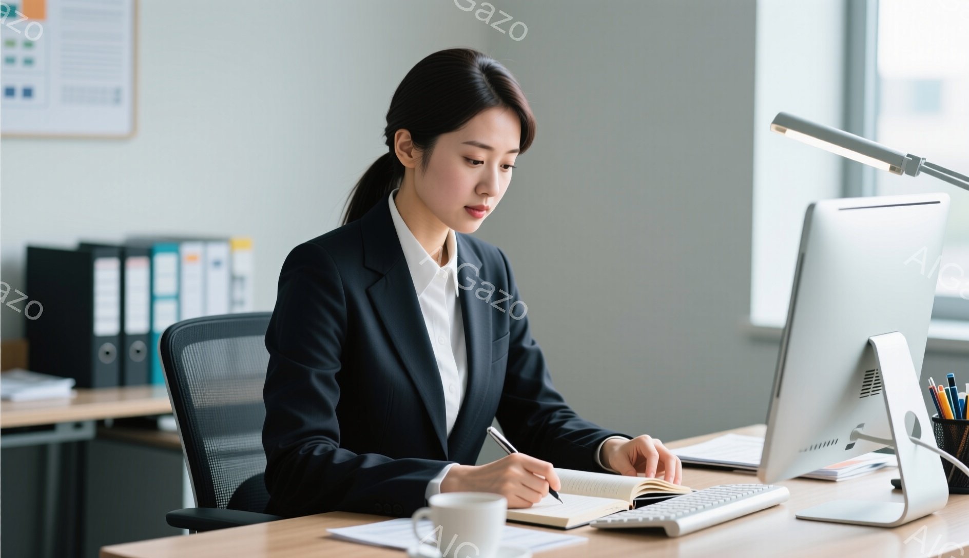オフィスで働く女性が写っている。彼女は黒いスーツに白いシャツを着ており、髪は後ろで一つにまとめている。真剣な表情でノートに何かを書き込んでおり、姿勢はまっすぐでプロフェッショナルな印象を与える。