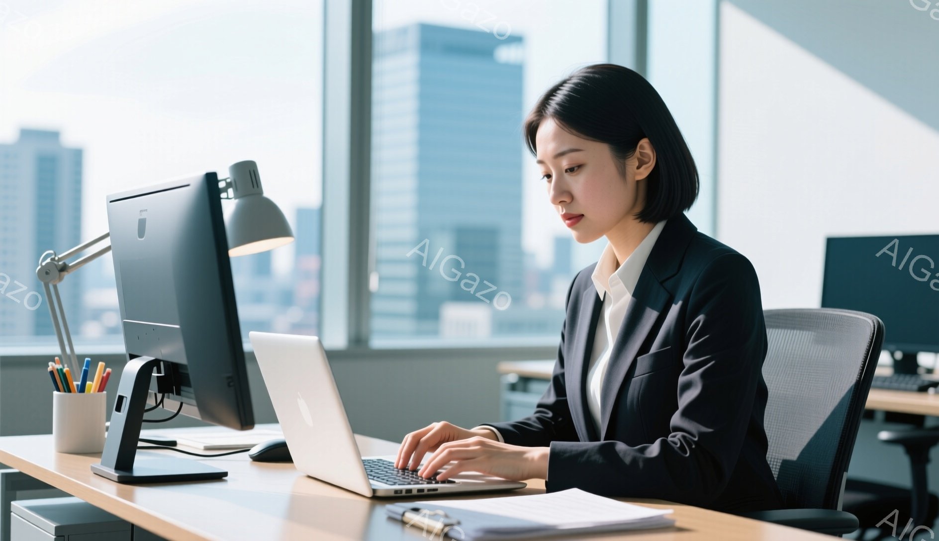 ビジネスウーマンがオフィスでパソコンに向かっています。彼女は黒いスーツを着ており、短めの黒髪は後ろでまとめています。窓の外には高層ビル群が広がり、明るい日差しが差し込んでおり、仕事に集中した落ち着いた雰囲気が漂っています。