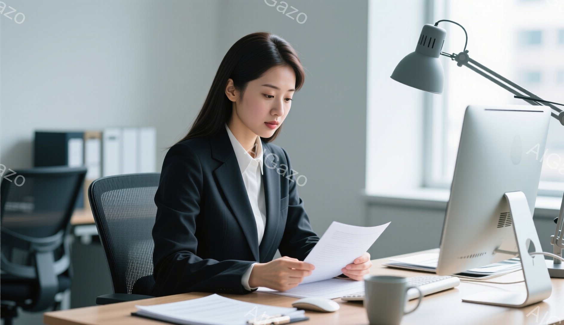 スーツを着た若い女性が、明るいオフィスで書類を読んでいます。彼女は真剣な表情で集中しており、姿勢もきっちりとしています。背景には、オフィス家具や自然光が入る窓が見え、全体的に落ち着いた雰囲気です。