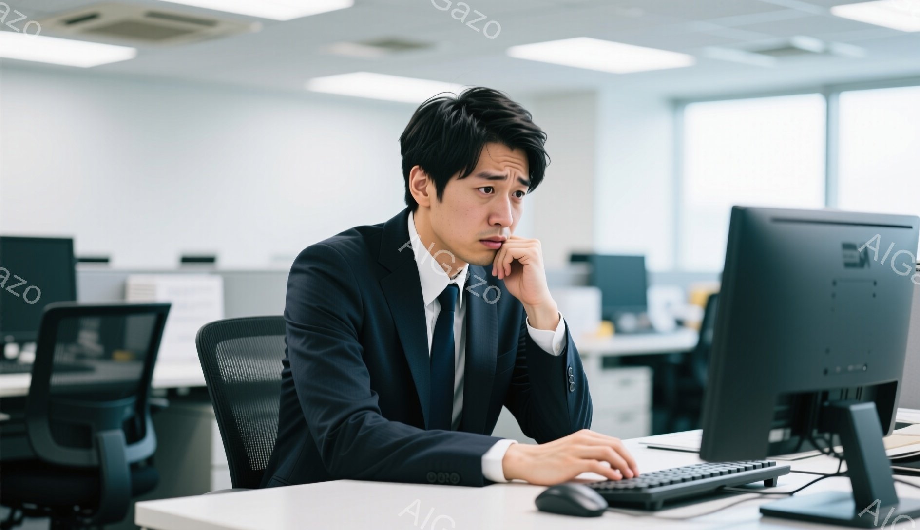 スーツを着た若い男性が、オフィスでコンピューターに向かっています。彼はやや心配そうな表情で、顎に手を当て、キーボードを操作しています。背景には、他のオフィスチェアや白い壁が見え、全体的に落ち着いた雰囲気です。