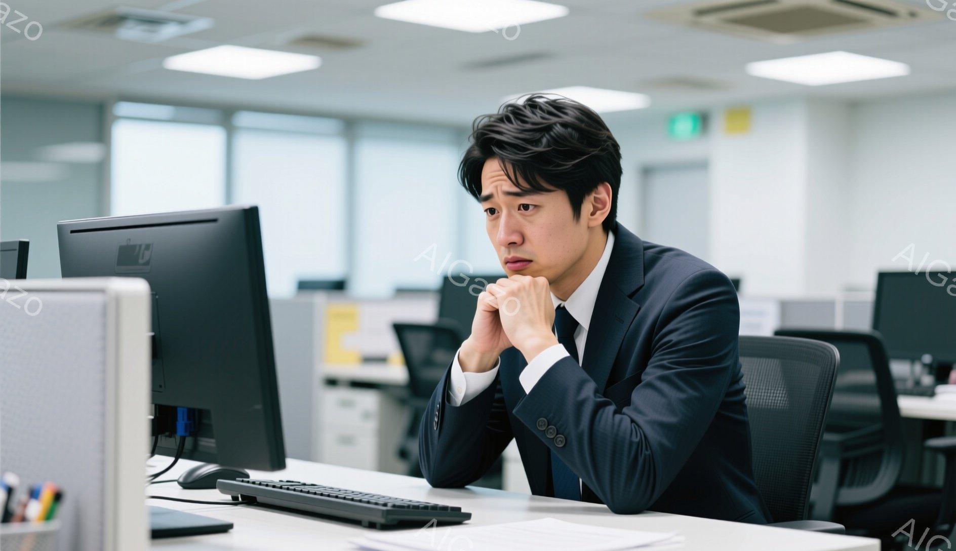 スーツにネクタイ姿の若い男性が、デスクに向かって両手で顎を抱え、心配そうな表情を浮かべている。オフィスは整然としており、背後には他のデスクやオフィス機器が見えるが、全体的に静かで、男性の緊張感が際立っている。彼はモニターを見つめ、何か問題に直面しているような、深刻な雰囲気を醸し出している。