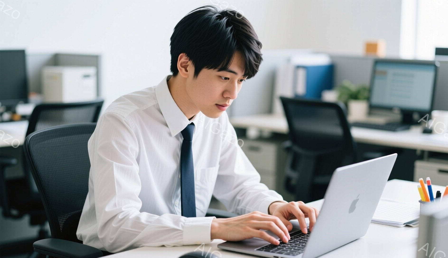 若い男性がオフィスでノートパソコンを操作している様子が写っている。彼は白いシャツに濃い青色のネクタイを着用し、黒髪をきっちりと整えている。集中した表情でキーボードを見つめ、背筋を伸ばして座っており、周りには他のオフィス機器や同僚の姿が見える。