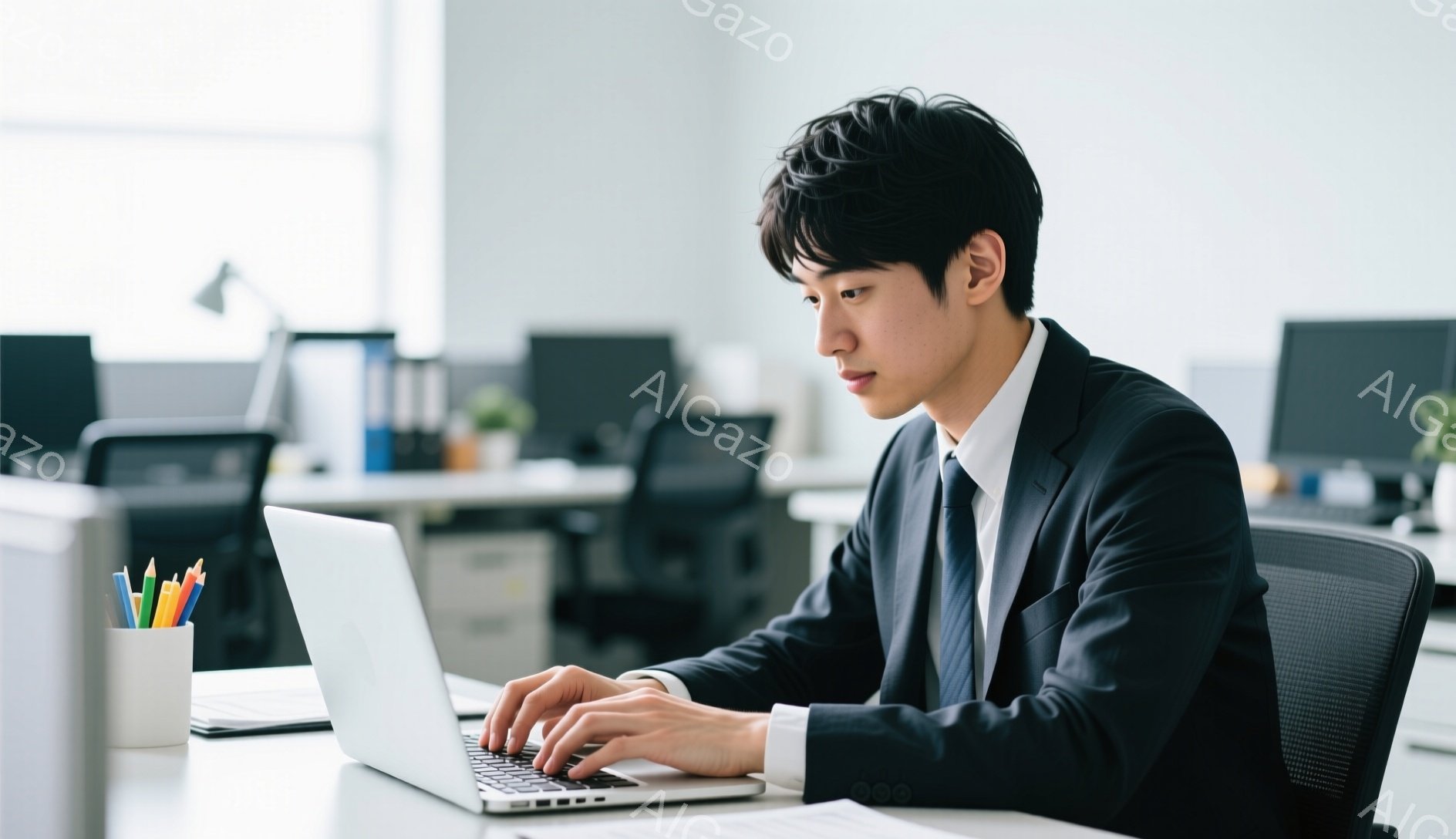 スーツを着た若い男性が、オフィスでノートパソコンに向かってタイピングしている。彼は黒髪で、前髪が少し長めにかかっており、真剣な表情で画面を見つめている。背景には他のオフィスワーカーやデスク、そして観葉植物が見え、明るく清潔感のある雰囲気である。