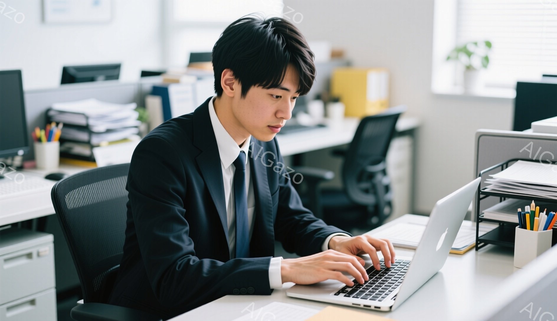 若い男性がオフィスでノートパソコンを使用している。彼は黒いスーツとネクタイを着用し、髪型は短く整えられている。集中した表情でキーボードを見つめ、真剣に作業に取り組んでいる様子がうかがえる。