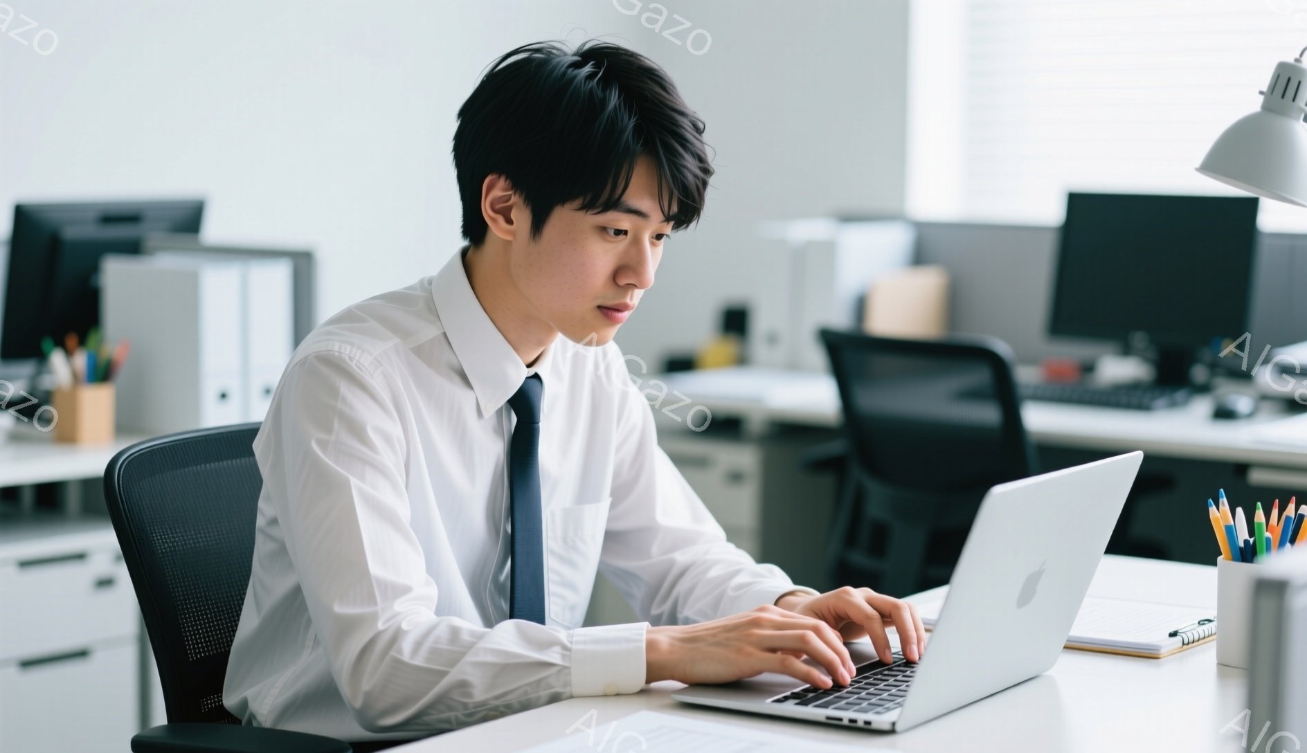 若い男性がオフィスでノートパソコンを操作している様子が写っている。白いシャツにネクタイを締め、黒髪を整えている。集中した表情でキーボードを見つめ、姿勢は前かがみで仕事に没頭している。