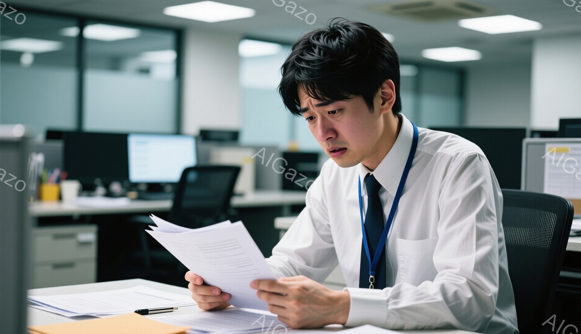 若い男性がオフィスで書類を手にし、困惑した表情を浮かべている。彼は白いシャツにネクタイ、そして身につけられたIDカードをつけており、黒髪を短く整えている。背景には他のオフィスワーカーやデスク、そしてオフィス機器が見え、全体的に集中しつつも悩みを抱えているような雰囲気が漂っている。