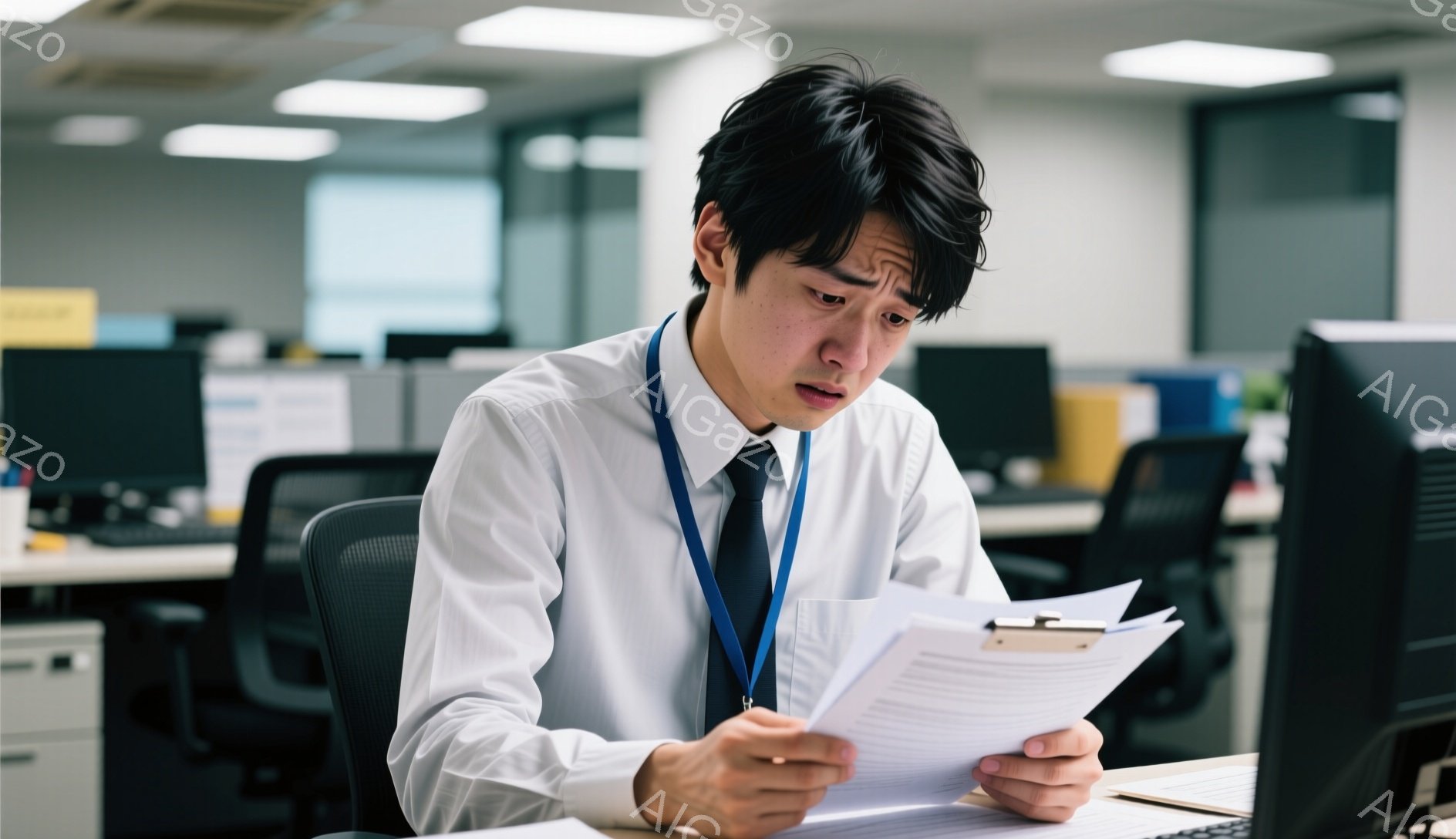 白いシャツに黒いネクタイを締め、身につけたIDカードが特徴的な男性が、書類を手に困惑した表情を浮かべている。彼はオフィスで、デスクに深く身を乗り出し、何かを熟考しているようだ。背景には他のオフィスワーカーやデスクがぼやけて見え、全体的に少し緊張感のある、集中した雰囲気である。