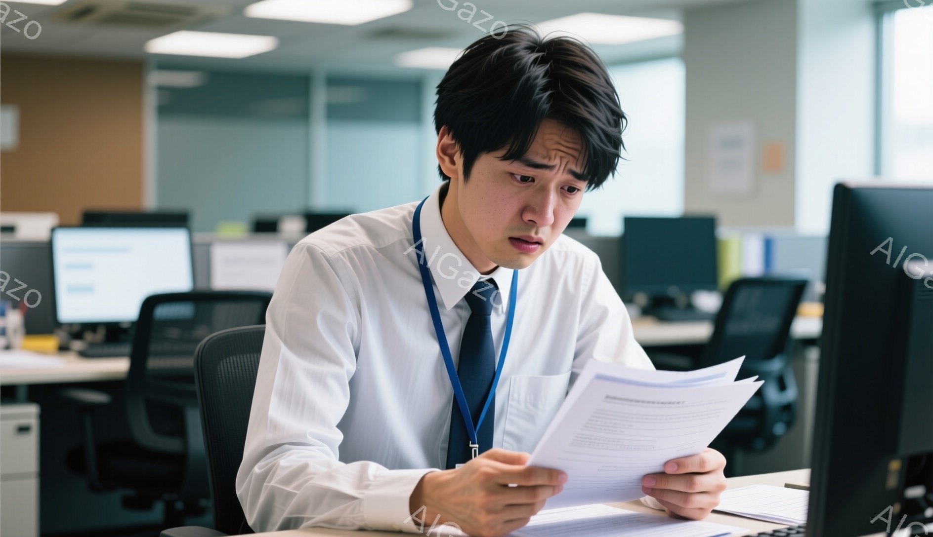 若い男性がオフィスで書類を読んでいる。彼は白いシャツにネクタイ、身につけたIDカードをつけており、眉間にしわを寄せ、困惑した表情をしている。背景には他のデスクとコンピューターがあり、オフィス全体が明るく、やや無機質な雰囲気を醸し出している。