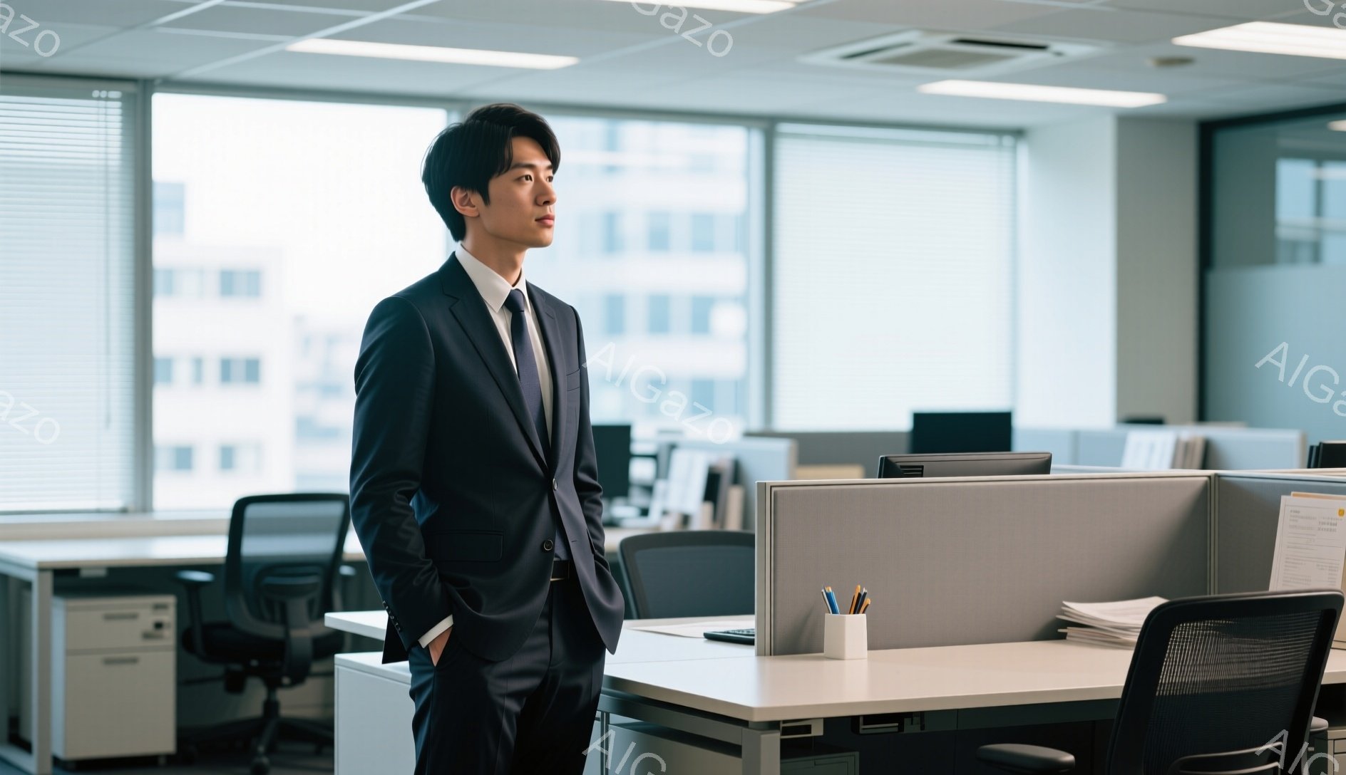 スーツを着た若い男性が、オフィスの中で窓の外を見つめている。彼は黒髪で、ダークブルーのスーツとネクタイを着用し、片手をポケットに入れている。オフィスは白を基調としたモダンなデザインで、窓からは高層ビル群が見え、全体的に静かで落ち着いた雰囲気である。