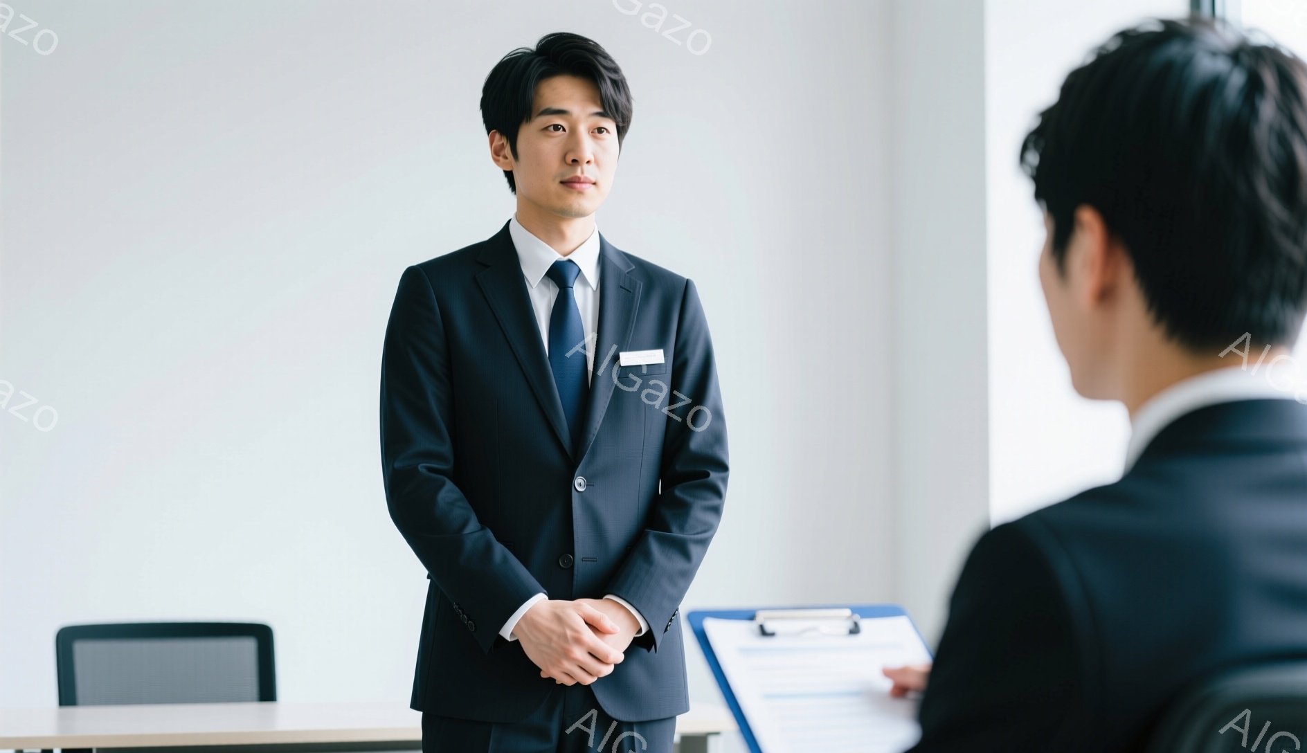 スーツを着た若い男性が写っている。彼は黒のスーツに白いシャツ、ネクタイを着用し、姿勢は良く、両手を前に組んでいる。背景は明るい室内で、左に灰色の椅子とテーブル、右に書類を手に持った人物がわずかに見える、フォーマルで落ち着いた雰囲気である。