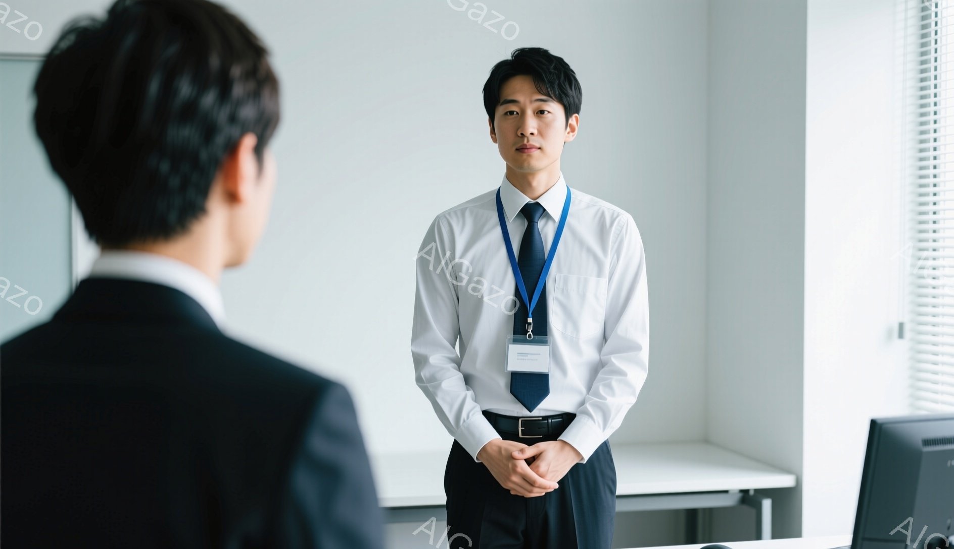 白いシャツに濃い青のネクタイを締め、黒いズボンを履いた男性が写っている。身につけているIDカードから、オフィスや企業の従業員であることがわかる。背景はオフィス内部で、白い壁と明るい光が差し込み、落ち着いた雰囲気が漂っている。