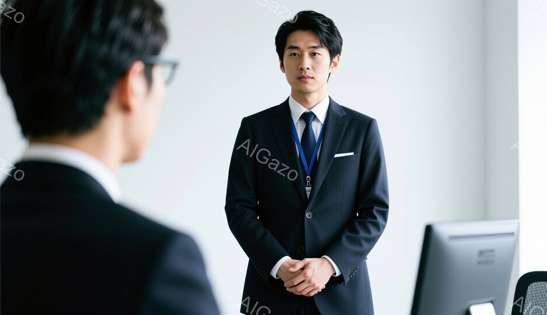 スーツ姿の男性が写っており、紺色のジャケットに白いシャツ、ネクタイを締めています。彼は少し緊張した表情で、両手を前に組み、視線はやや前方へ向けられています。背景には白い壁とコンピューターのモニターが見え、ビジネスシーンのような落ち着いた雰囲気が漂っています。