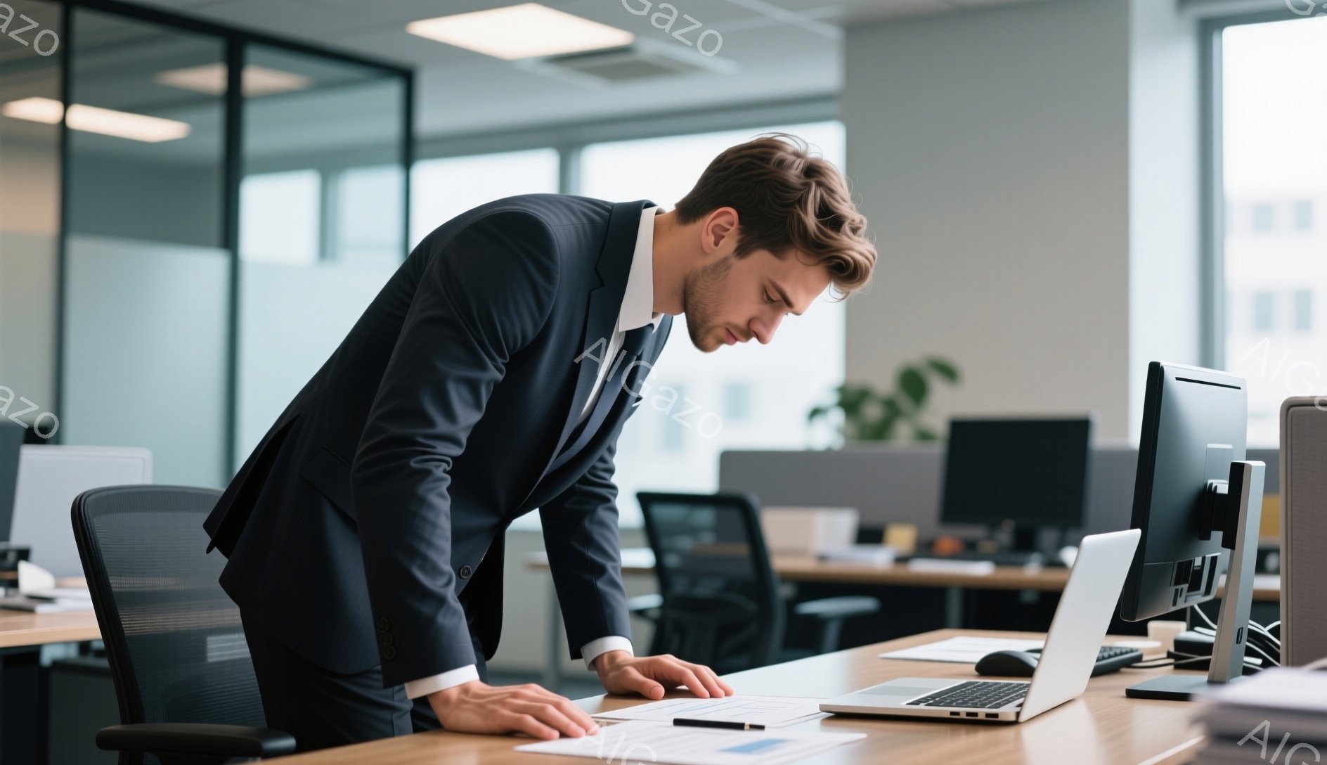 紺色のスーツを着た男性が、オフィスでデスクに前かがみになって何かを確認しています。彼の髪は短く整えられており、表情は真剣で集中しています。背景には、他のデスクやオフィス家具が見え、全体的に落ち着いた雰 - AI生成フリー素材