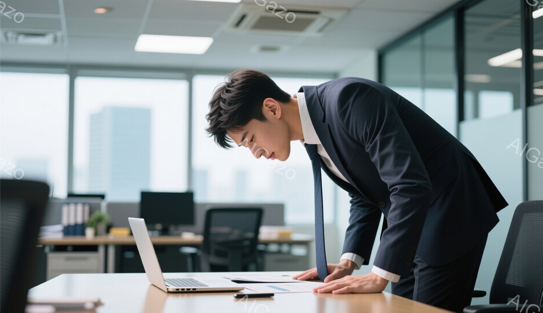 スーツを着た若い男性が、オフィスでデスクに身を乗り出し、疲れた様子で両手で机を支えている。彼の髪型は短く、ネクタイを締め、表情は落胆しているように見える。背景には、他のデスクやオフィス機器が見え、オフィス全体は明るく、近代的な雰囲気である。