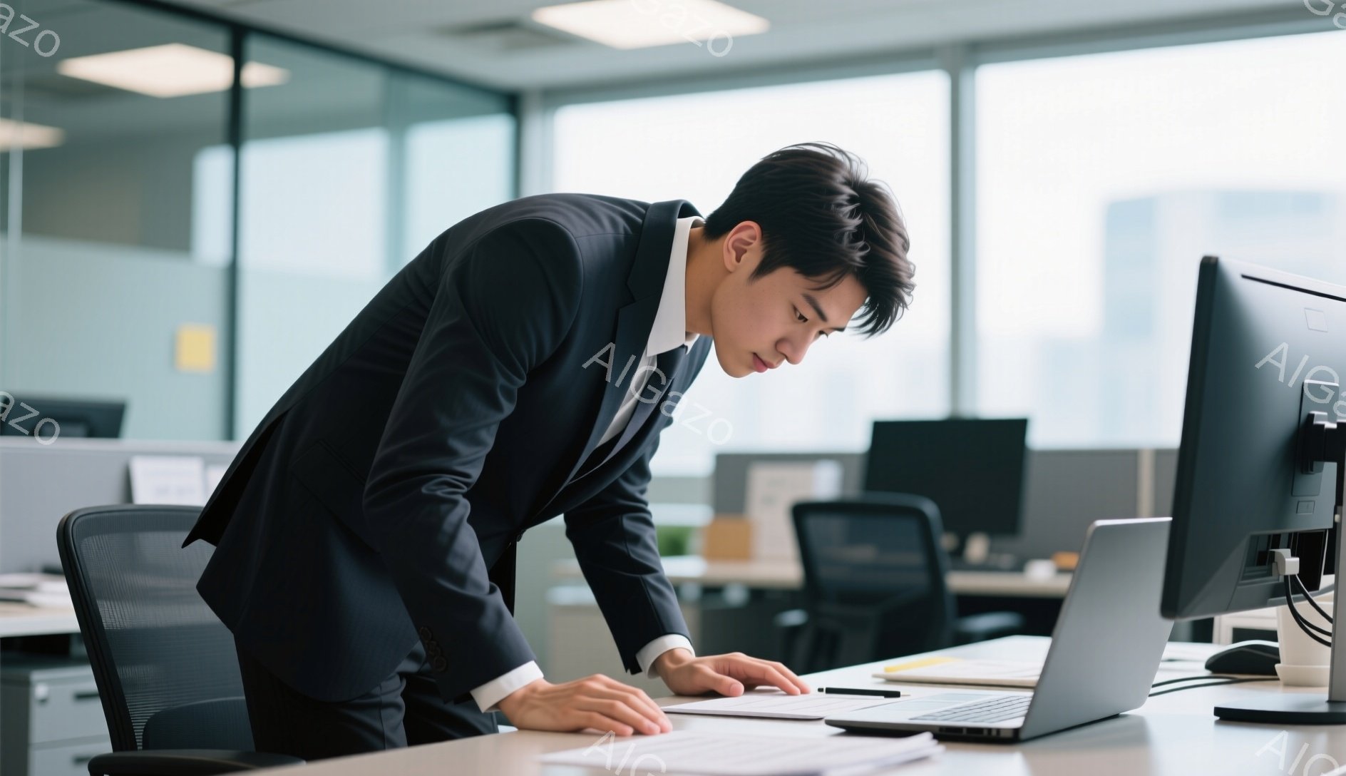 一人の男性がオフィスでノートパソコンに向かって前かがみになっている。彼は黒いスーツと白いシャツを着ており、黒髪は短く整えられている。彼の表情は集中しているようであり、疲れているのかもしれない。