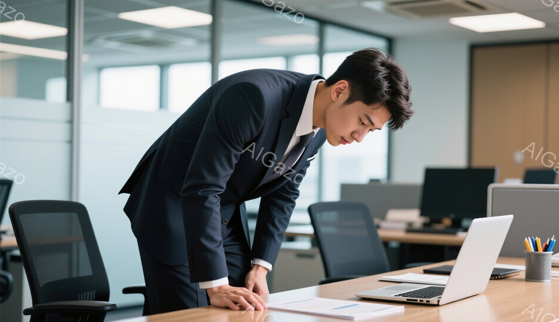 スーツを着た若い男性が、オフィスでデスクに前かがみになって何かを探しているようだ。彼は黒髪で、真剣な表情をしており、デスクの上にはノートパソコン、書類、文房具が置かれている。背景には他のデスクやオフィス機器が見え、全体的に落ち着いた雰囲気である。