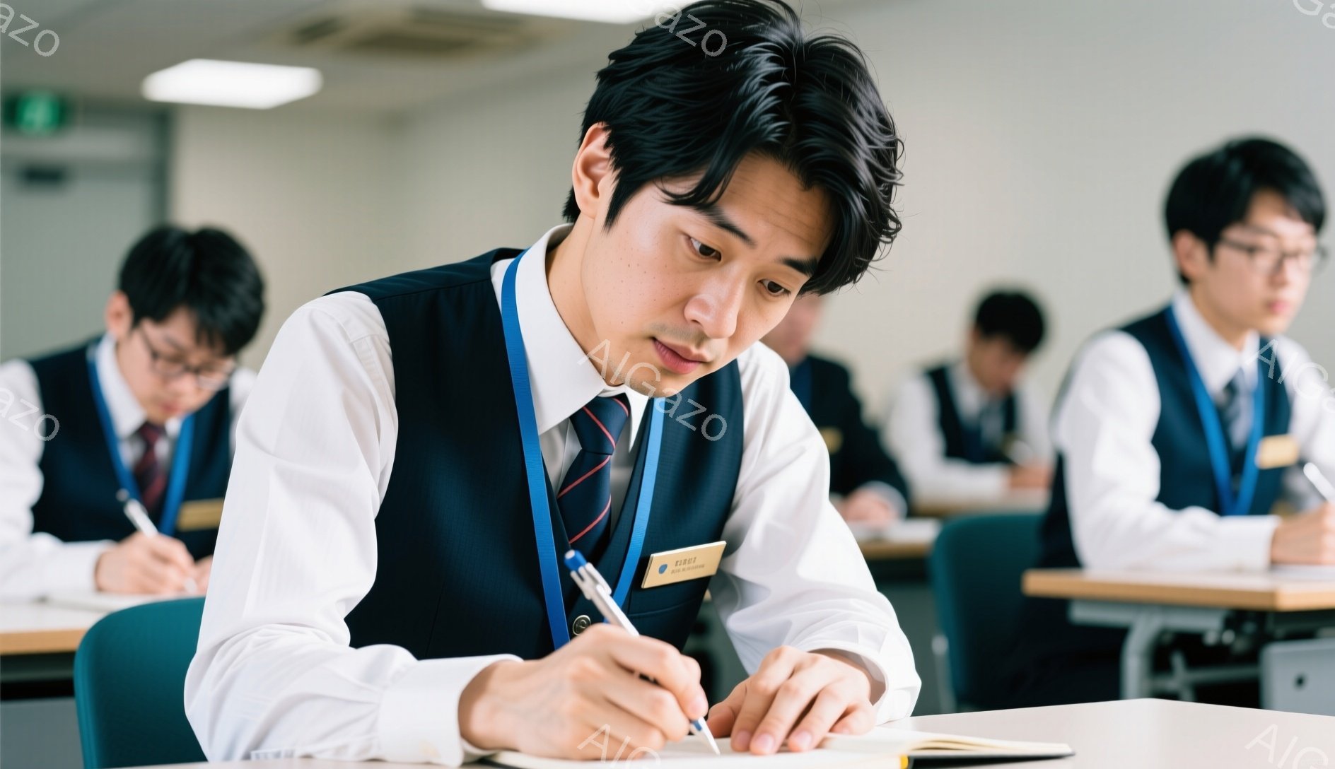 制服を着た男子学生が教室で集中して何かを書き込んでいる様子が写っている。彼は黒髪で、やや前かがみの姿勢でペンを握り、真剣な表情でノートを見つめている。教室には他に数人の学生がおり、彼らも同様に勉強に励んでいる。