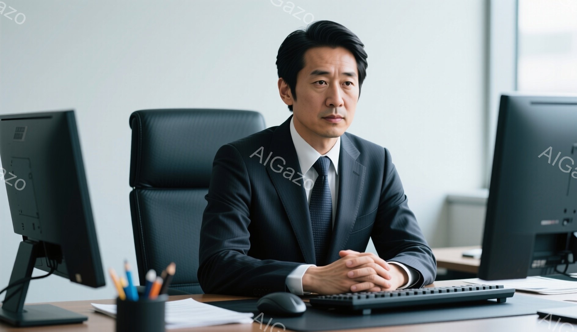 スーツ姿の男性がオフィスで椅子に座り、両手を重ねています。彼は黒髪で、顔つきは真剣で落ち着いた印象を与えます。背景にはモニターが2台あり、ペン立てやキーボードが置かれた机が写っており、全体的にプロフェッショナルで洗練された雰囲気が漂っています。