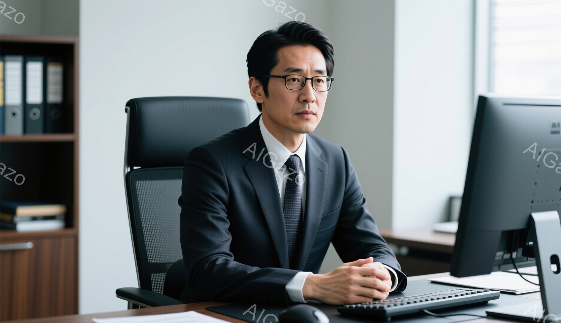 紺色のスーツにネクタイを締めた男性が、オフィスで椅子に座り、両手を重ねて何かを考えている様子がうかがえる。彼の髪型は短く整髪されており、表情は真剣で落ち着いている。背景には本棚とコンピュータモニターがあり、全体的にプロフェッショナルで知的な雰囲気が漂っている。
