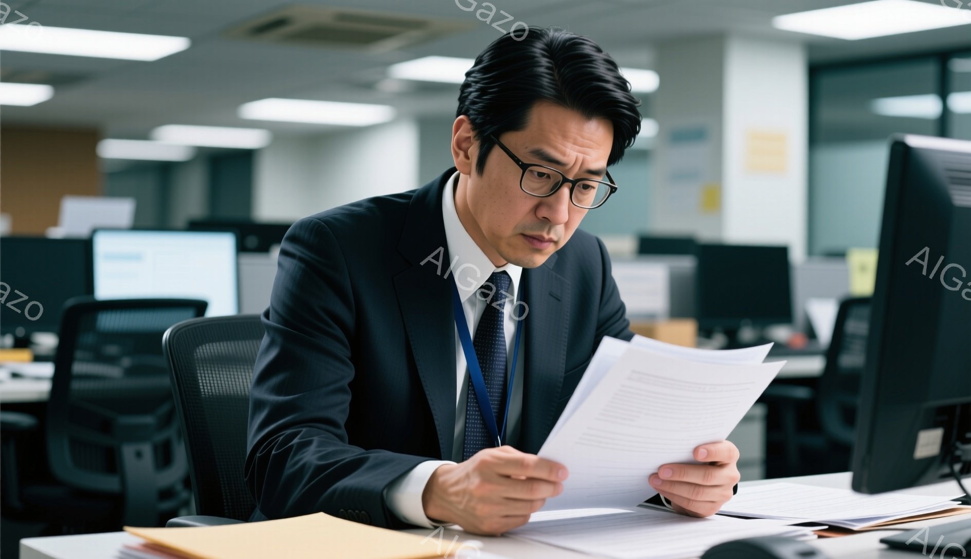 スーツとネクタイを着用した男性が、オフィスで書類を熱心に読んでいる。彼は黒いフレームの眼鏡をかけ、少し眉間にしわを寄せた表情で、集中して内容を確認しているようだ。背景には他のオフィスワーカーやコンピューター、事務用品が見え、全体的に真剣で仕事に集中した雰囲気である。