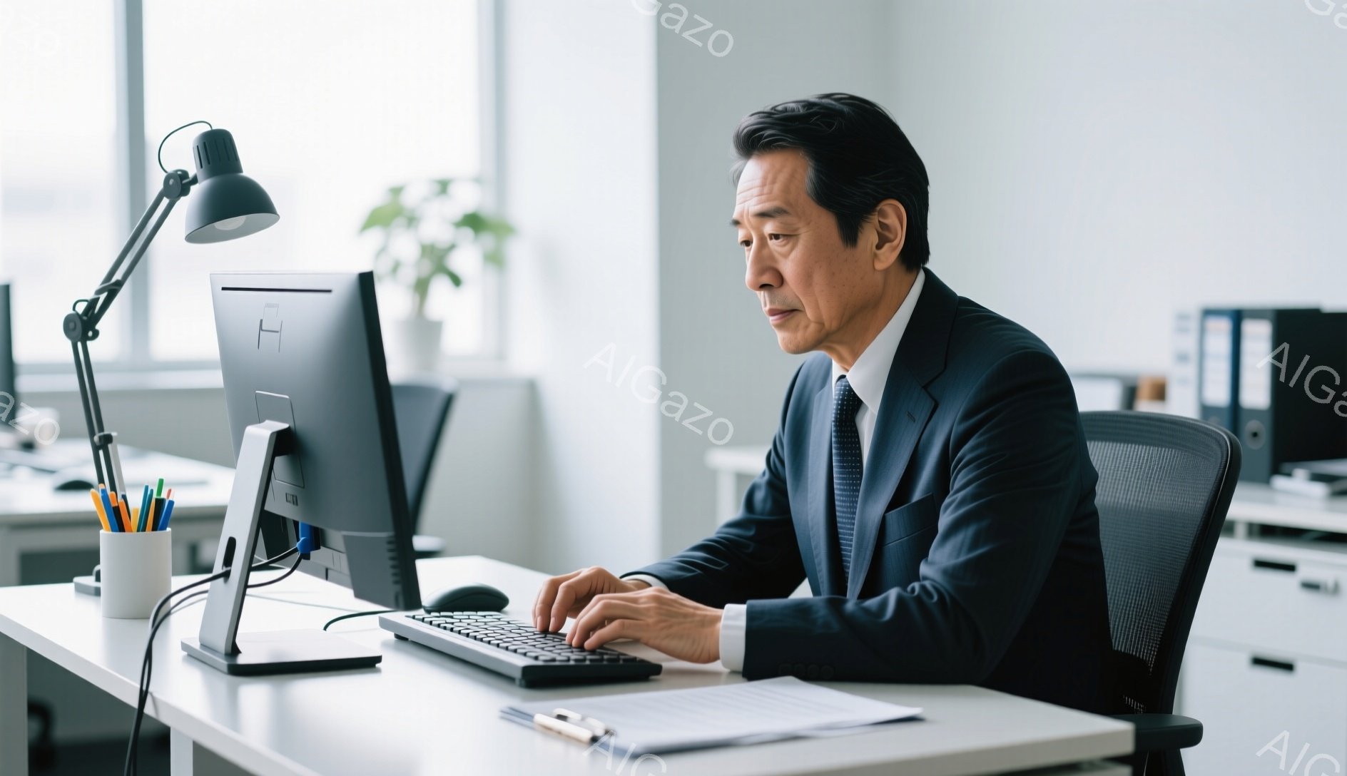 紺色のスーツと白いシャツ、ネクタイを締めた中年男性が、オフィスでパソコンに向かってタイピングしている。彼は真剣な表情で前を見つめ、背筋を伸ばして座っており、集中して作業に取り組んでいる様子が伺える。背景には、白いデスクとオフィスチェア、そして観葉植物が見え、室内は明るく清潔感がある。