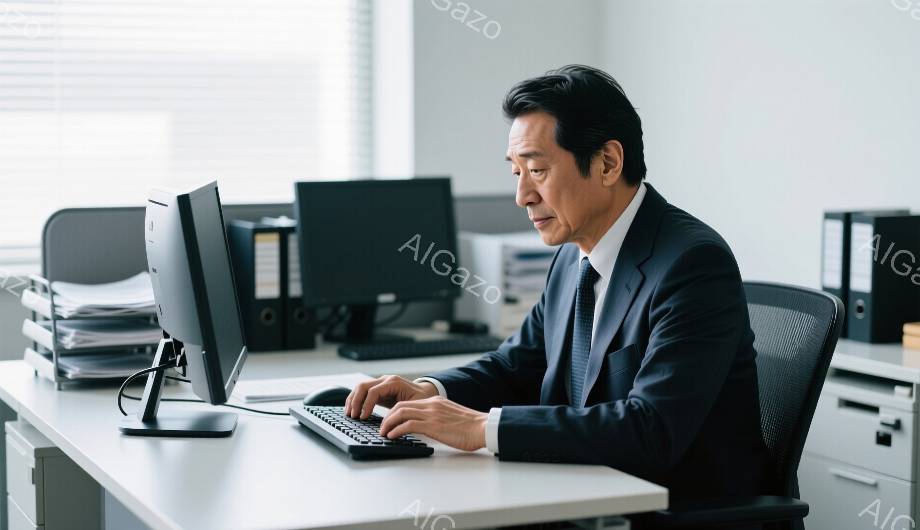 仕事着の男性がオフィスでパソコンに向かってキーボードを打っています。彼は紺色のスーツにネクタイを締め、黒髪を後ろにとかしています。背景には書類の山やファイリングキャビネットが見え、全体的に落ち着いた雰囲気のオフィス空間です。