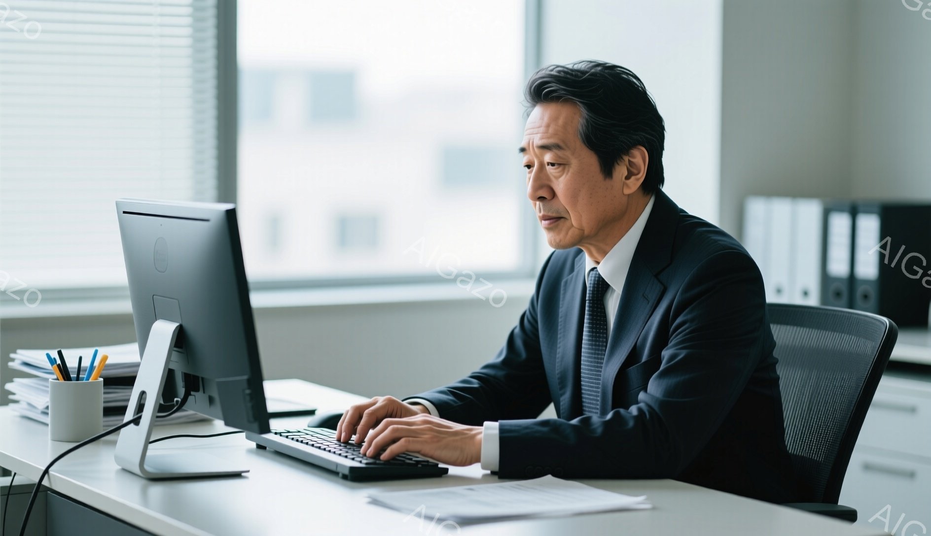 スーツを着た中年男性が、明るいオフィスでパソコンに向かってタイピングしている。彼の表情は真剣で、姿勢はやや前かがみになっている。背景には窓があり、オフィス内の棚にはファイルが整然と並んでいる。