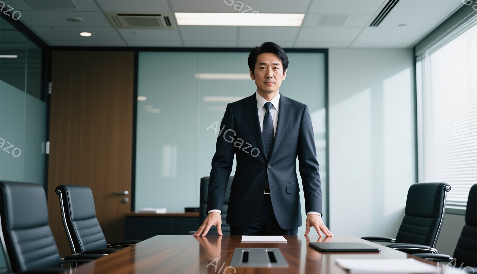 この男性は、黒いスーツにグレーのネクタイを締め、きっちりとしたヘアスタイルで、自信に満ちた表情で会議室の中央に立っている。彼は両手をテーブルに置き、前かがみの姿勢で、何かを説明するかのように見える。背景には、木製のキャビネットと会議用の椅子が並び、清潔でプロフェッショナルな雰囲気のオフィス空間が広がっている。