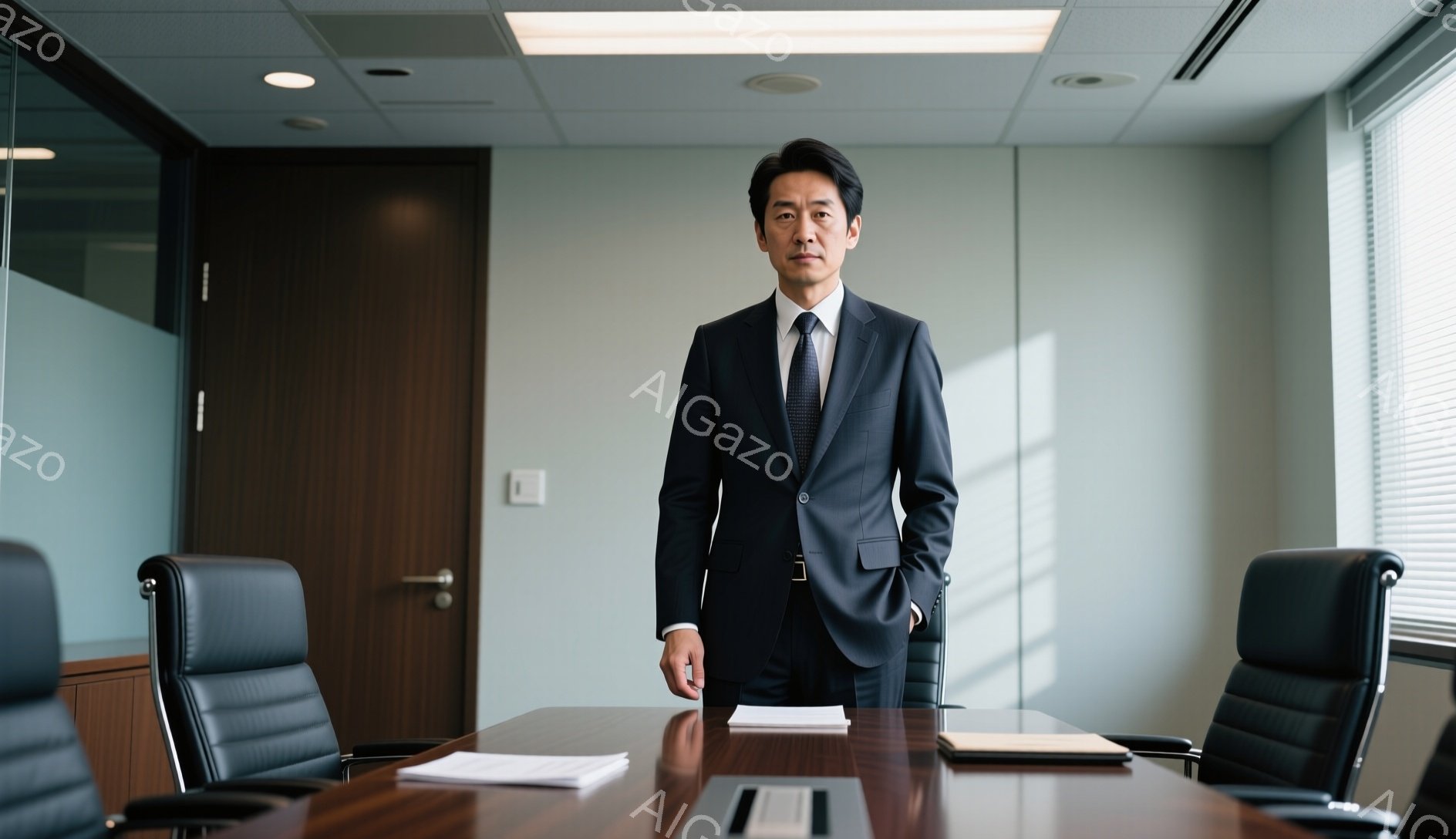 この画像には、紺色のスーツにネクタイを締めた男性が写っています。彼は両手を腰に当て、真剣な表情でカメラの方を見ています。背景は、木製の長い会議テーブルと、壁に沿って並んだオフィスチェアがあるシンプルな - AI生成フリー素材