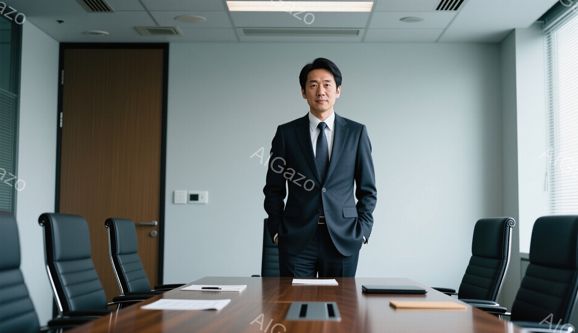 中年の男性が、紺色のスーツとネクタイを着用し、両手を腰に当てて自信に満ちた表情で立っている。背景は会議室で、磨かれた木製のテーブルと黒いオフィスチェアが並んでいる。壁は明るいグレーで、全体的に落ち着いたプロフェッショナルな雰囲気が漂っている。
