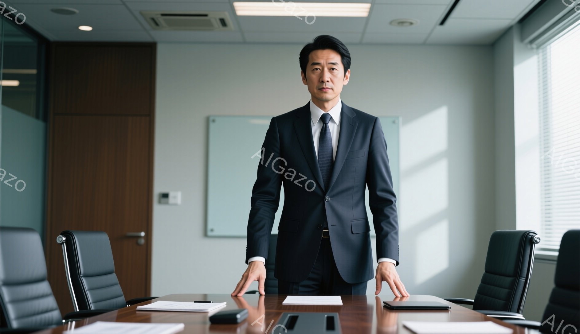 男は黒いスーツとネクタイを着用し、髪は短く整えられています。彼は会議テーブルの前に立っており、両手をテーブルに置いて、自信に満ちた表情をしています。背景には白いボードと黒い椅子が並び、室内は明るく、ビジネスシーンを想起させる雰囲気です。