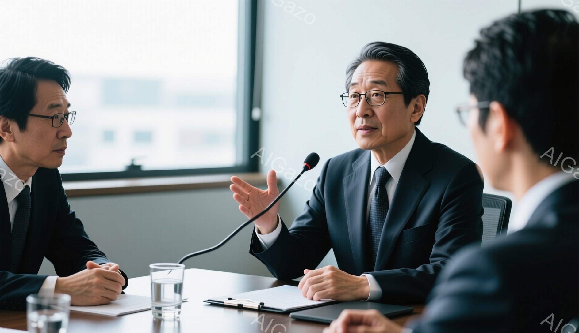 三人のビジネスマンが会議室で議論している様子だ。中央の男性は黒いスーツとネクタイを着用し、少し開いた口と手のジェスチャーから熱心に話していることがわかる。背景は明るい窓とシンプルな内装で、全体的に真剣でプロフェッショナルな雰囲気が漂っている。