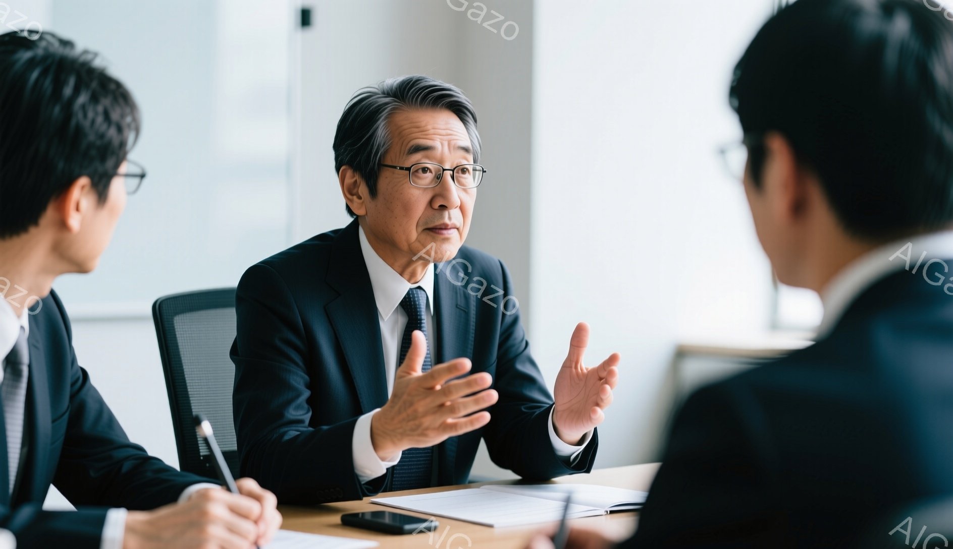 会議室でビジネスマンたちがテーブルを囲んで議論している様子が写っている。中央の男性は紺色のスーツにネクタイを締め、少し白髪が混じった髪型で、身振り手振りを交えながら話している。他の二人はスーツ姿で、一人はペンを持ってメモを取り、もう一人は中央の男性を見つめている。