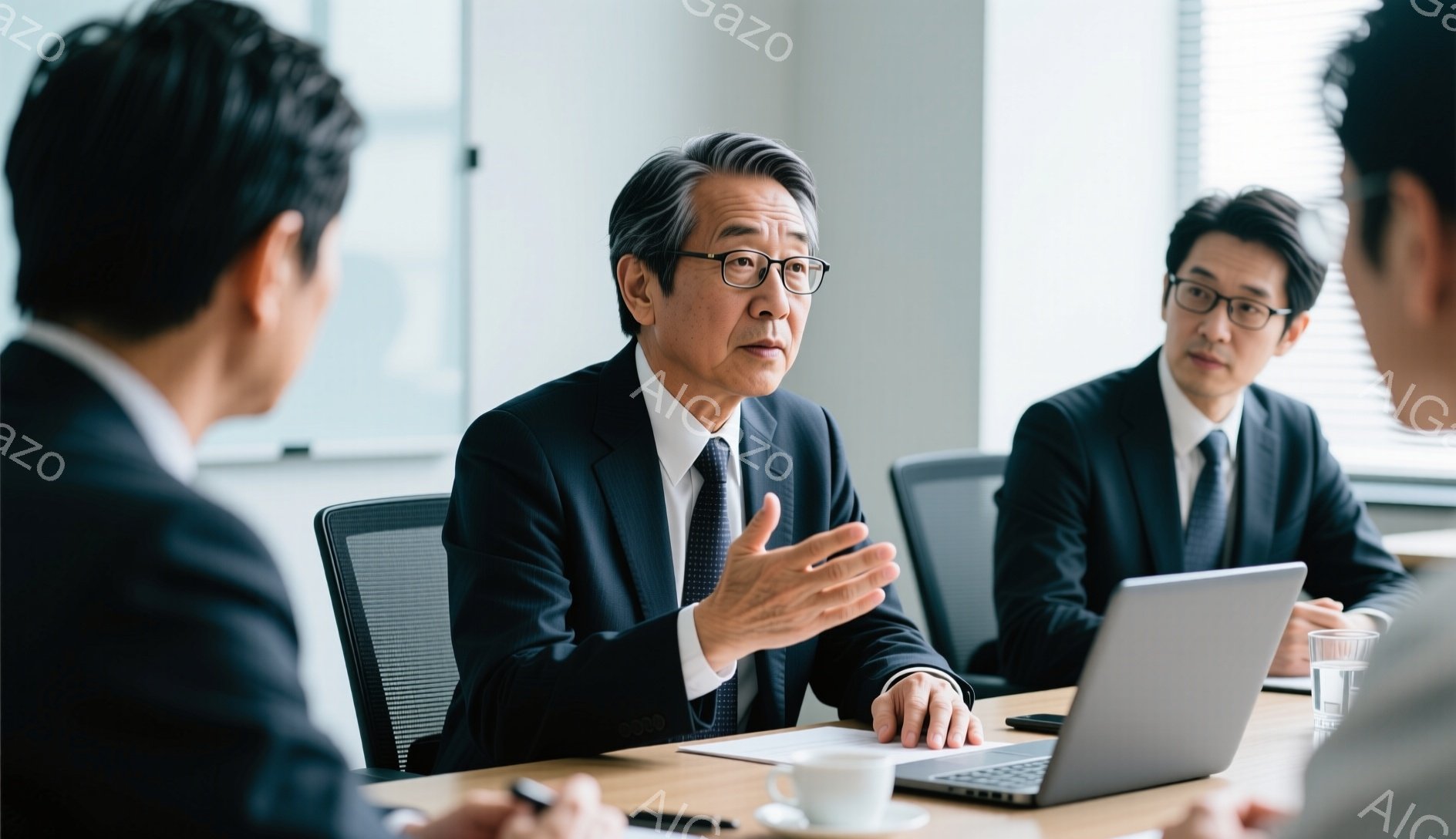 紺色のスーツを着た3人のビジネスマンが会議室で議論している様子が写っている。中央の男性は少し髪が薄め、眼鏡をかけ、身振り手振りで熱心に話しており、他の二人の男性は彼の言葉に耳を傾けているようだ。明るい室内には木製のテーブル、ノートパソコン、飲み物などが置かれ、全体的に真剣かつプロフェッショナルな雰囲気が漂っている。